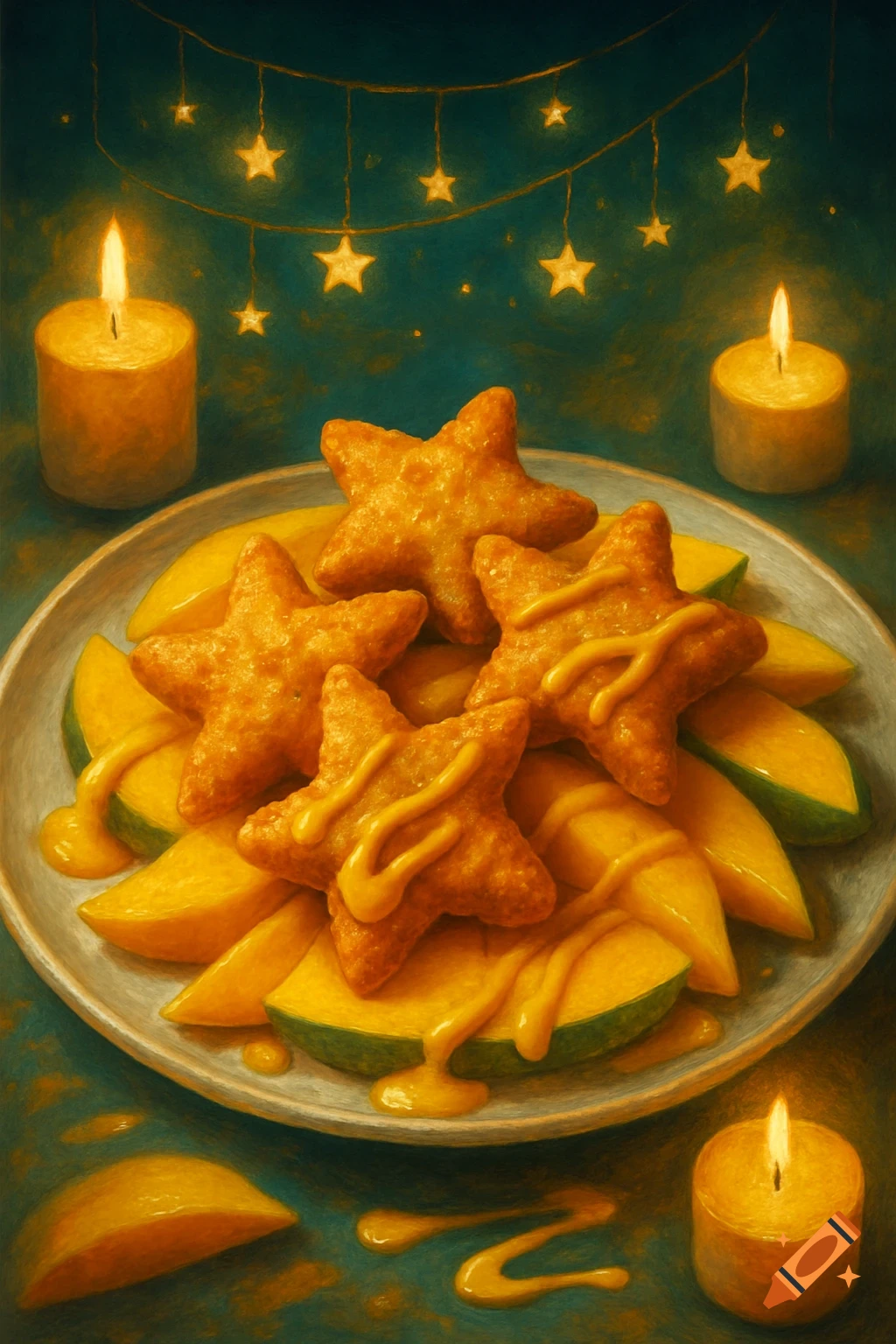 Still life painting of star-shaped fried food drizzled with mustard, served on mango slices with lit candles and string lights.