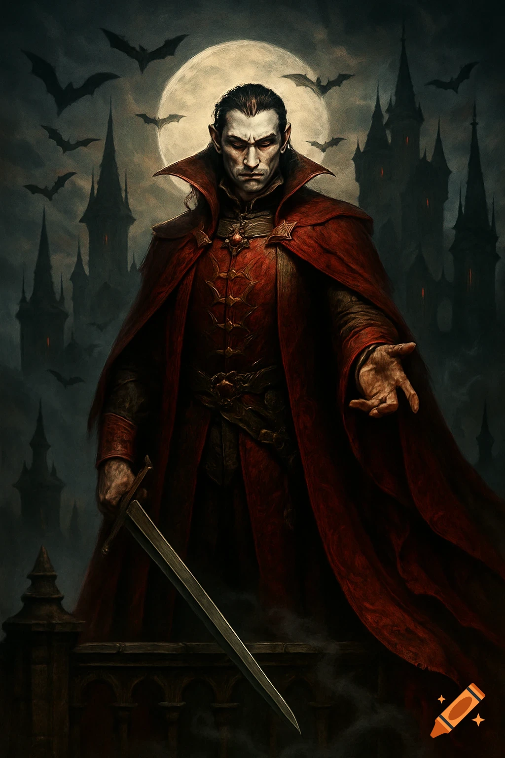 A dark fantasy illustration of a vampire in a red cape holding a sword, with a gothic castle and full moon in the background.