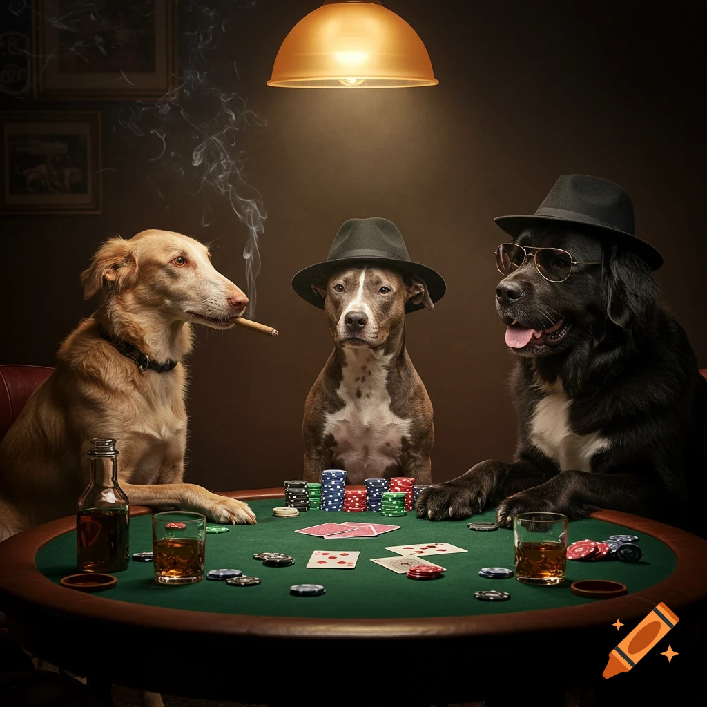 Three dogs play poker at a table. A light brown dog smokes a cigar, a brown dog wears a hat, and a black dog wears sunglasses, photorealistic.
