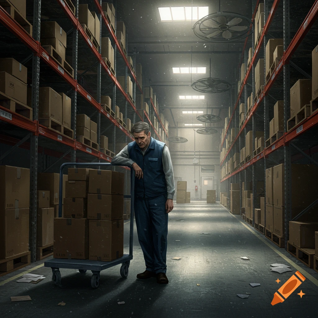 A sad-looking man leaning on a hand truck with boxes in a vast, dimly lit warehouse in a photorealistic style.