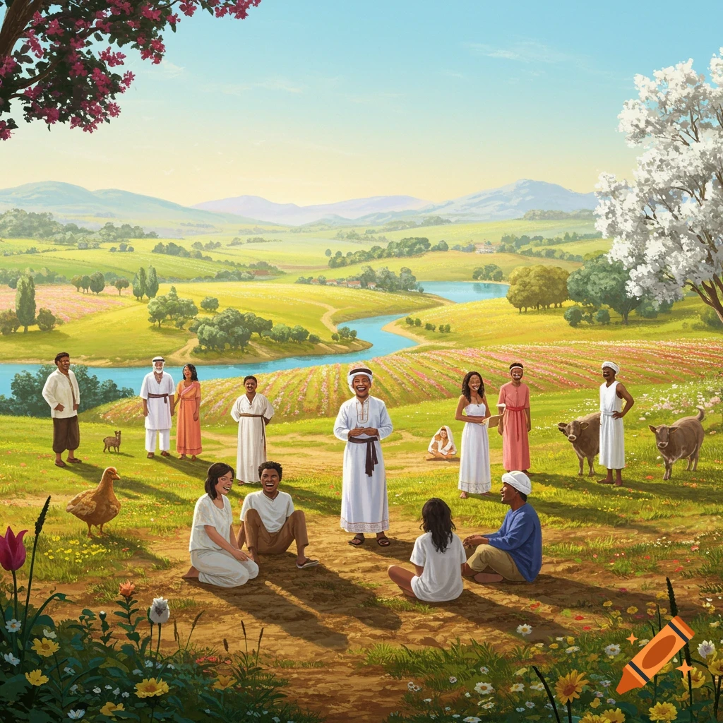 Diverse happy people in traditional clothing gather in a vibrant, peaceful utopian landscape with green hills, a river, and flowering fields.