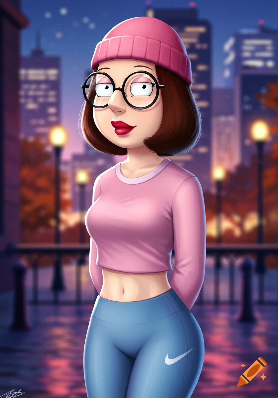 Meg Griffin from Family Guy in a pink beanie, crop top, and blue Nike leggings, posing in a city at night.