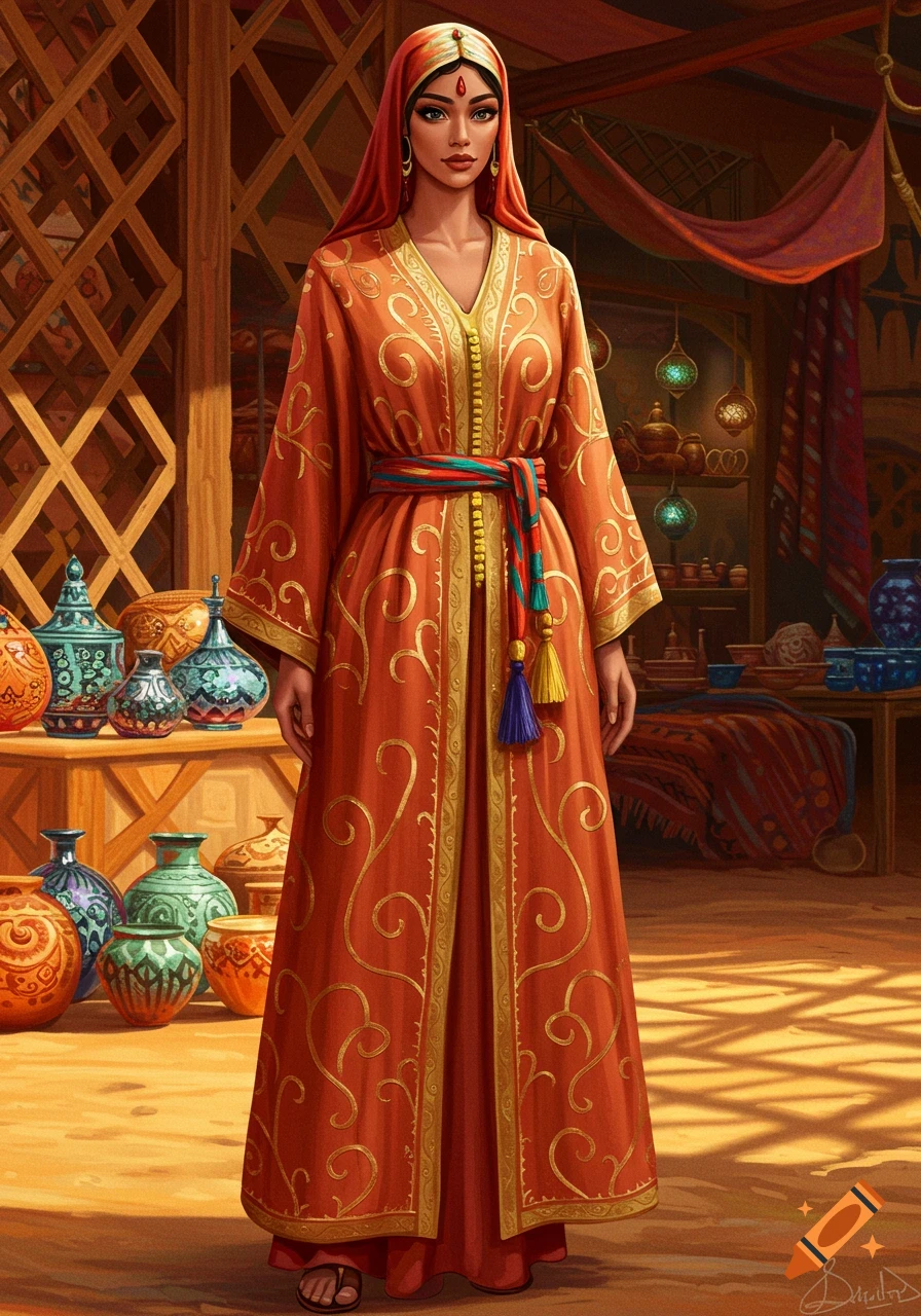 A woman with dark hair and eyes, wearing a red and gold ornate kaftan with a colorful sash, stands in a vibrant marketplace filled with pottery.