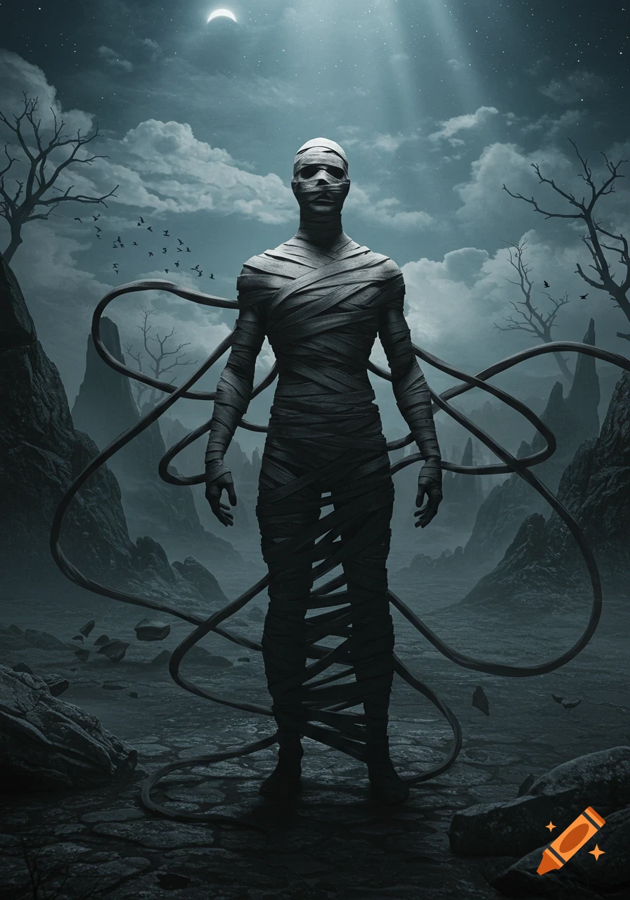 A bandaged figure stands in a desolate, dark, rocky landscape under a crescent moon with bare trees and swirling shadows.