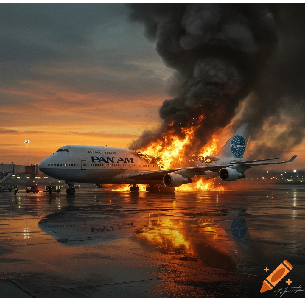 Photorealistic image of a Pan Am 747 airplane engulfed in large flames and black smoke on a wet tarmac at sunset.