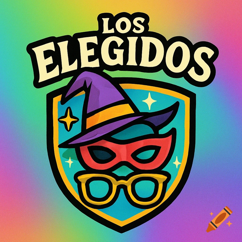 Colorful cartoon logo on a rainbow background with text 'LOS ELEGIDOS', featuring a shield with a witch hat, red mask, and yellow glasses.