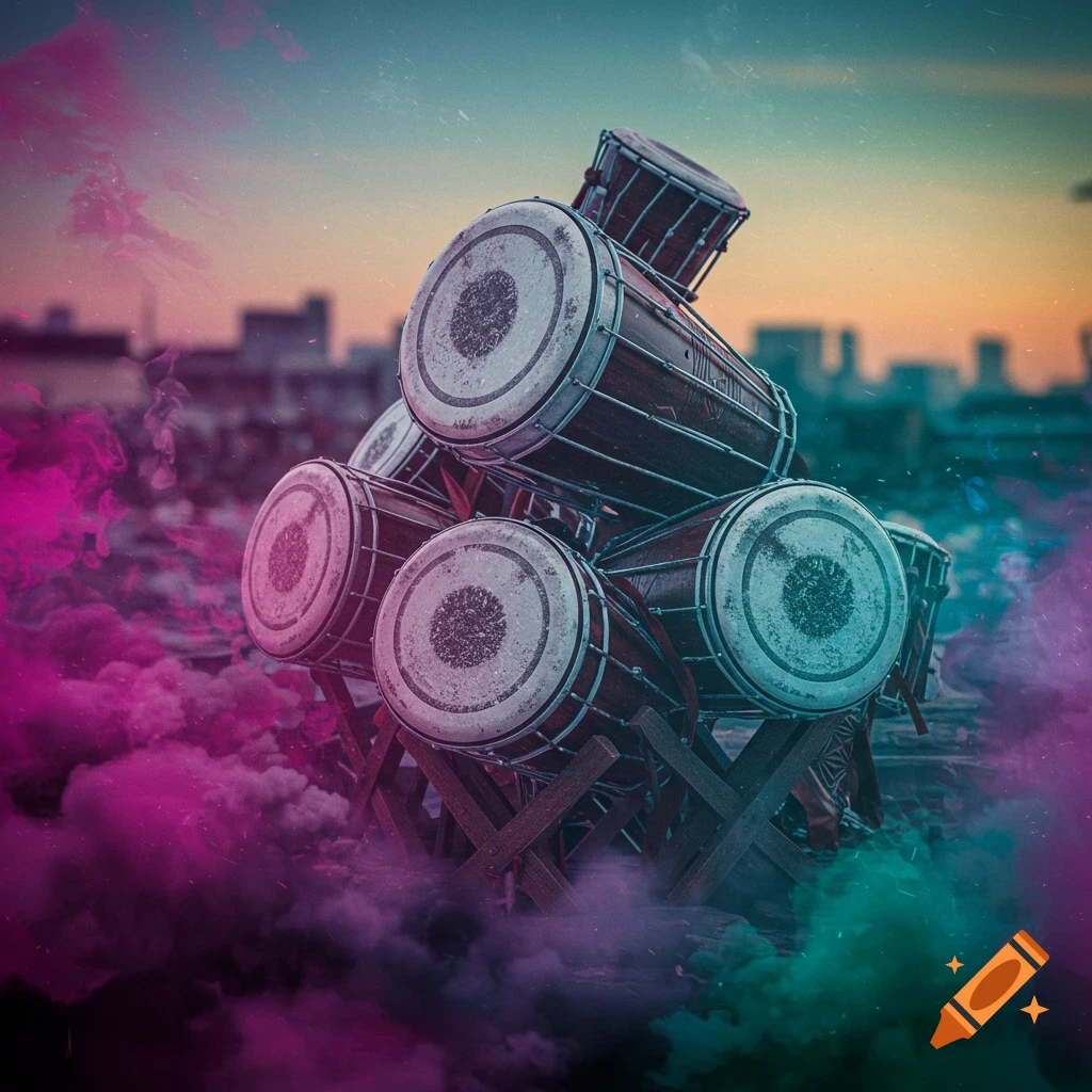 Drums stacked on wooden stands amidst vibrant pink and teal smoke, with a blurred city skyline at sunset.