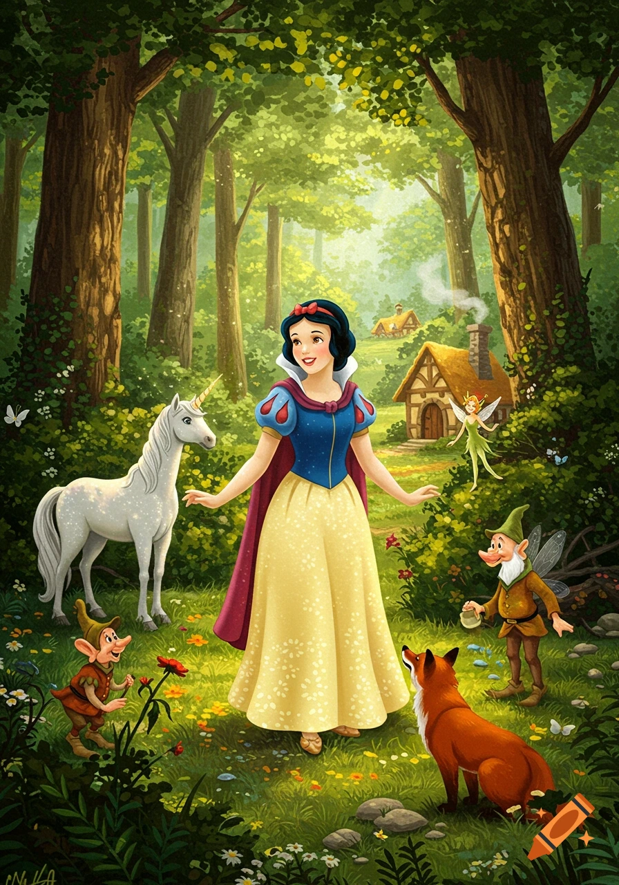 Snow White in an enchanted forest with a unicorn, two dwarves, a fox, and a fairy, with a cottage in the background.