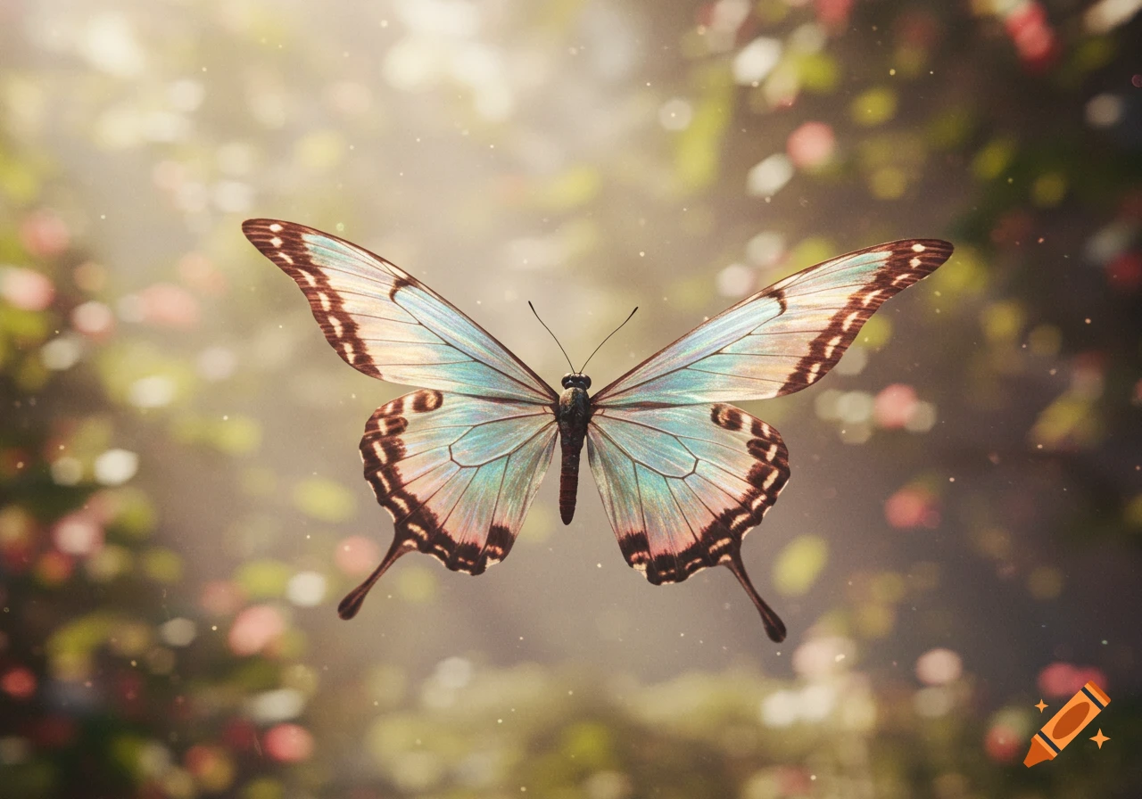 A beautiful butterfly with iridescent blue, brown, and pink wings hovers against a soft, sunlit bokeh background of green and pink foliage.