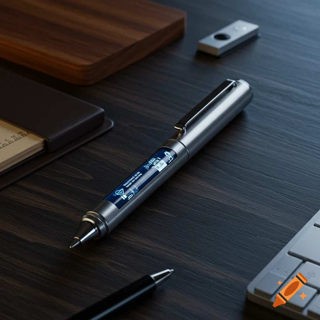 A futuristic silver pen with a blue screen displaying garbled text and icons, lying on a dark wooden desk.