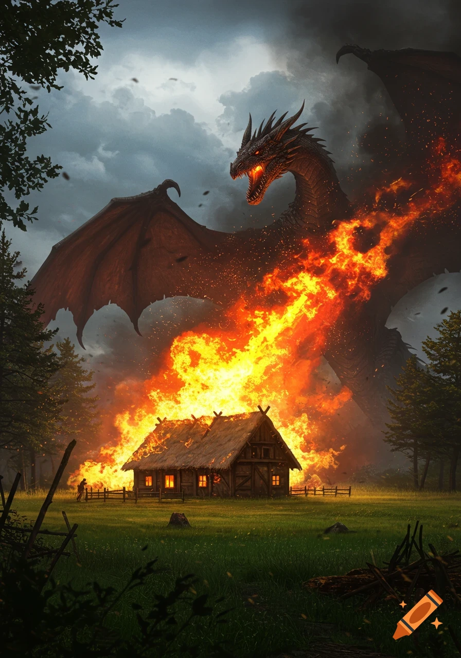 A massive red dragon breathes fire, engulfing a small wooden house in flames under a stormy sky.