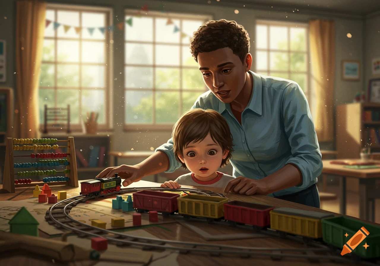 An adult and a child lean over a table, playing with a toy train set, with an abacus nearby, in a bright room.