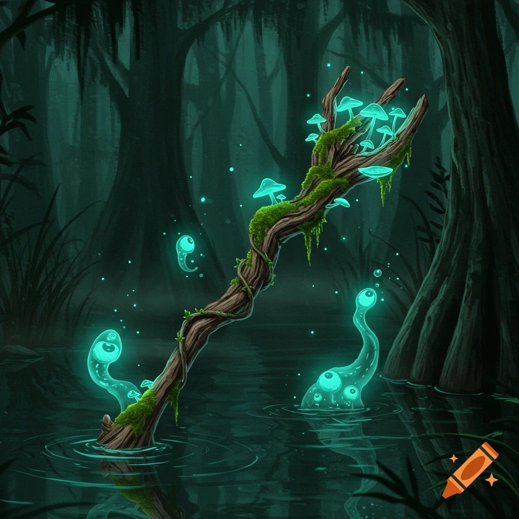 A gnarled wooden staff covered in glowing blue mushrooms and moss rises from a dark swamp, with glowing, eyed creatures in the water.
