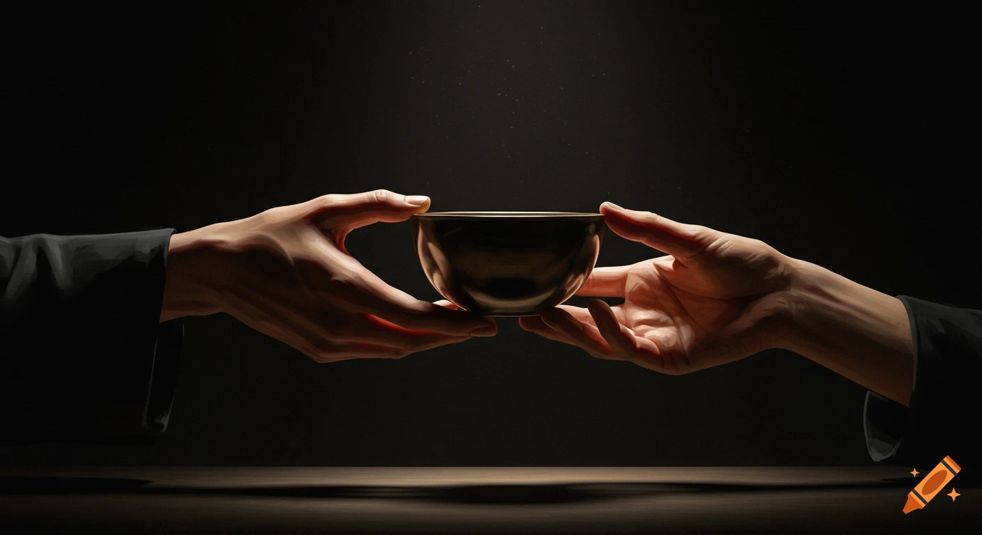 Two hands passing a dark bowl, illuminated by a spotlight against a dark background, in a painterly style.