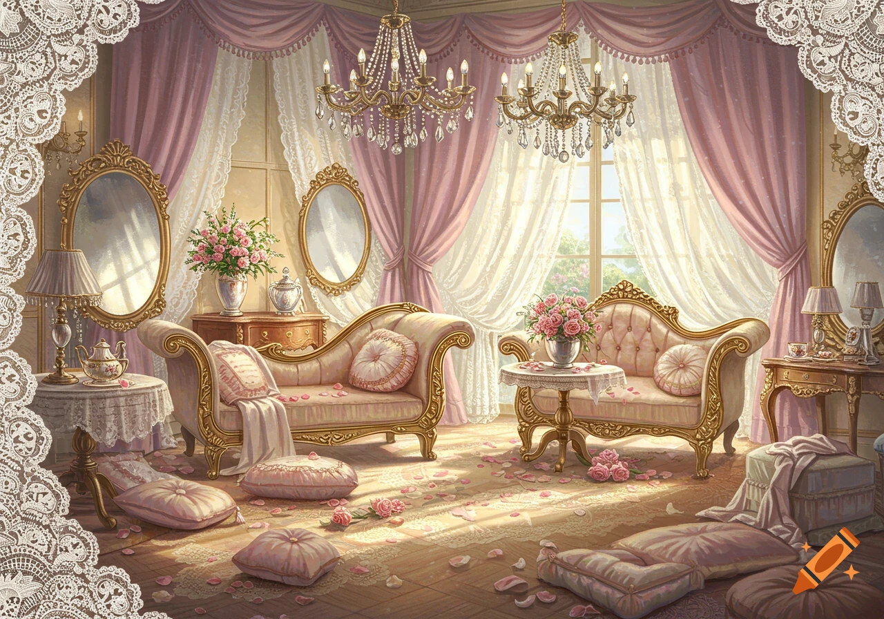 An elegant, opulent room with pink and gold decor, chandeliers, ornate furniture, and rose petals scattered on the floor.