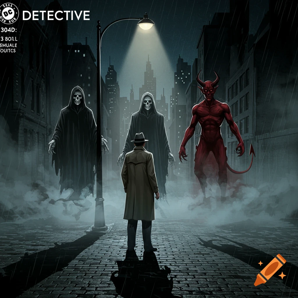 A man in a trench coat faces two grim reapers and a red devil on a rainy city street, styled as a comic book cover.