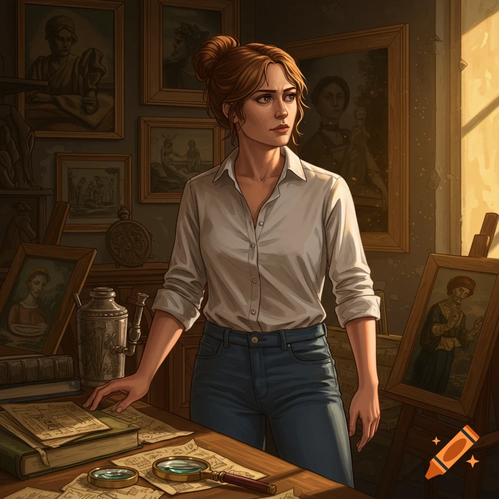 A woman with her hair up, wearing a white shirt and jeans, stands in an art-filled room with a desk full of books and magnifying glasses.