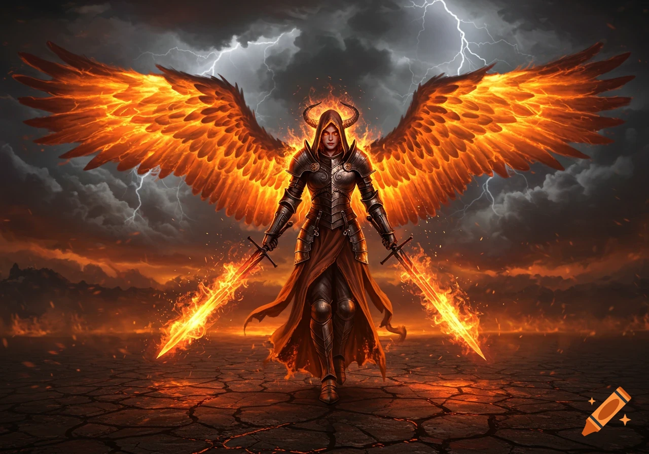 A horned warrior with fiery wings and flaming swords stands on cracked ground under a stormy, lightning-filled sky.