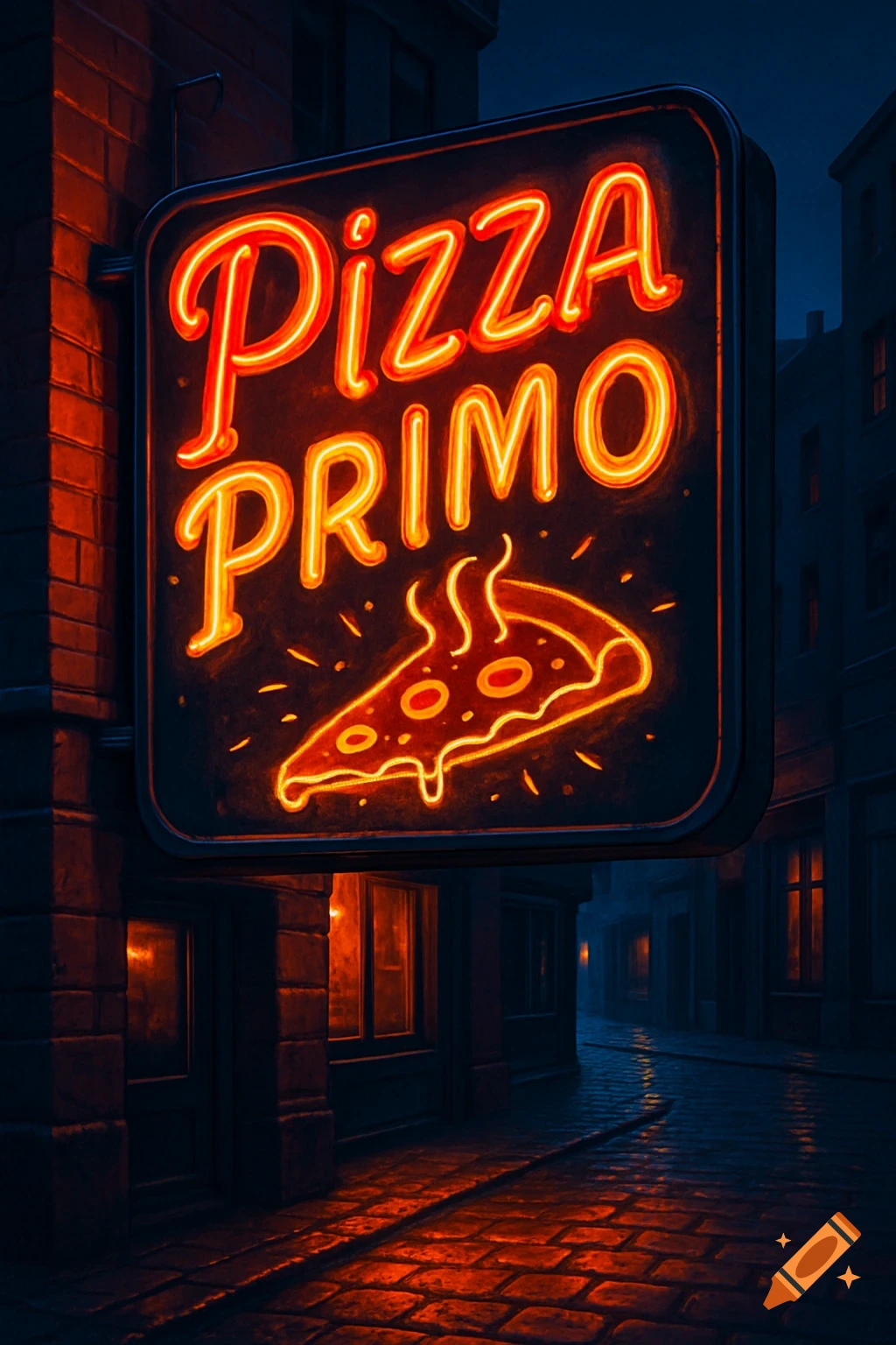 A vibrant neon sign reading "Pizza PRIMO" with a pizza slice graphic, illuminating a dark, cobblestone alleyway at night.