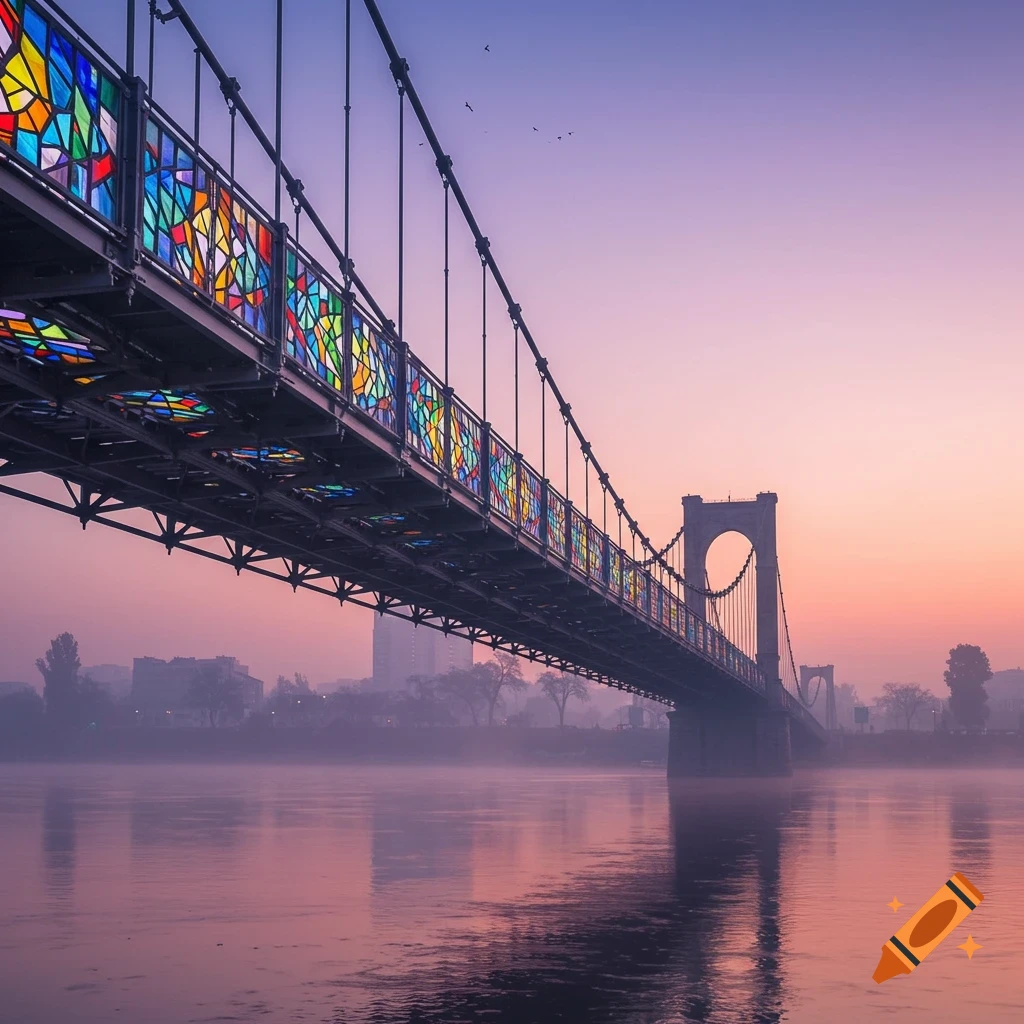 A suspension bridge with colorful stained glass panels stretches over a misty river at sunrise, with a hazy city skyline in the background.