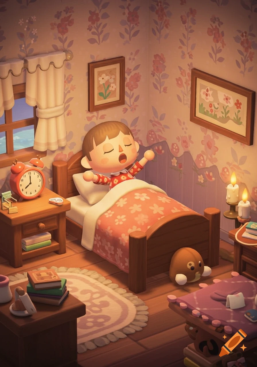 An Animal Crossing character wakes up in a cozy bedroom with floral wallpaper, stretching in bed as an alarm clock shows 10:07.