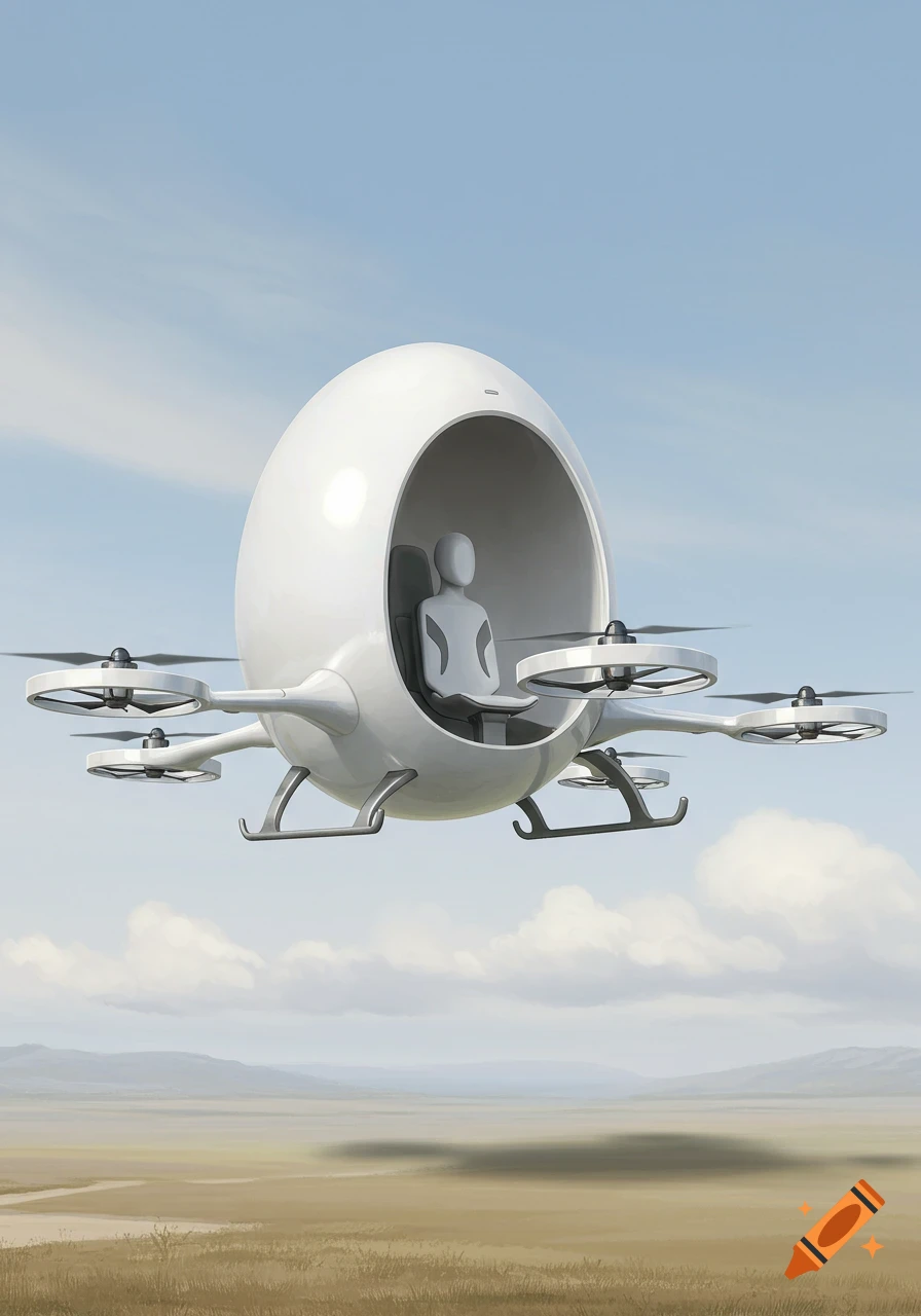 A white egg-shaped drone with a stylized person inside and four propellers flies over a dry, open landscape.