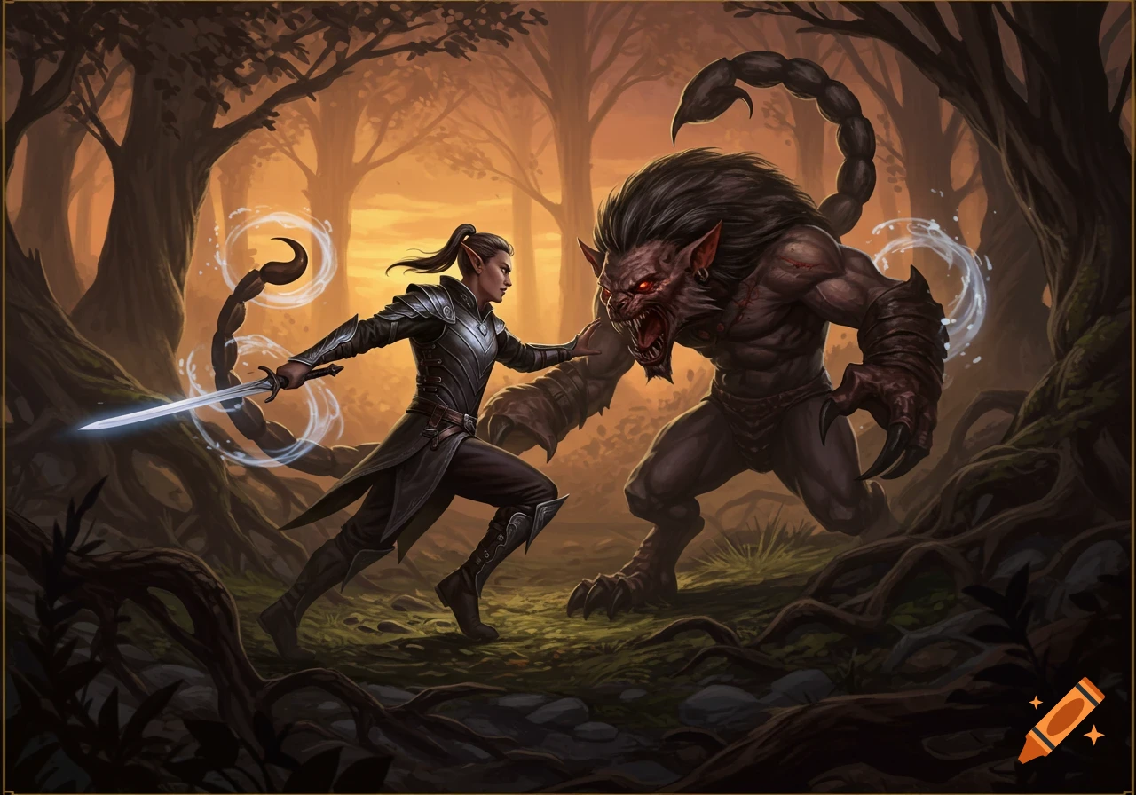 An elf warrior with a glowing sword battles a manticore in a vibrant, sunlit fantasy forest.