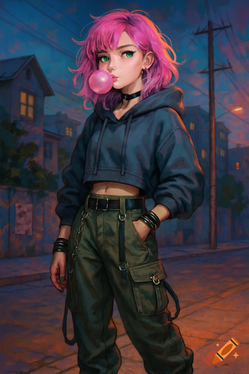An anime-style young woman with pink hair, green eyes, a black choker, and streetwear (cropped hoodie, cargo pants, chains) blows a bubblegum bubble in an urban setting at dusk.