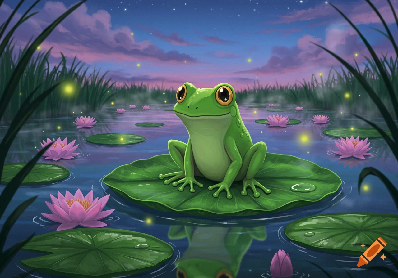 A cute green frog sits on a lily pad in a pond with pink water lilies and fireflies under a starry dusk sky, in an anime illustration style.