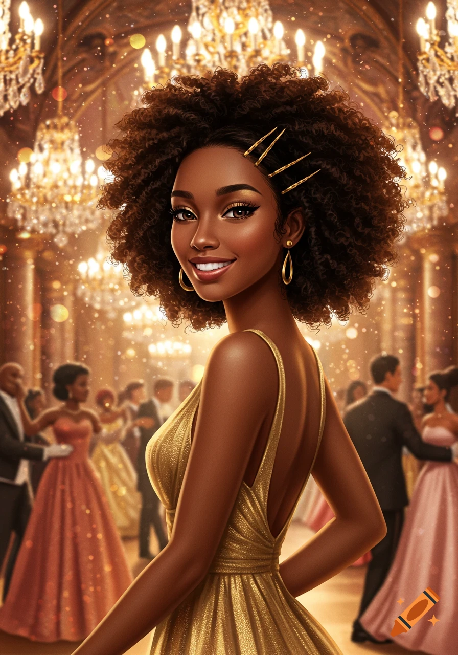 A stylized portrait of a smiling Black woman with curly hair and gold hairpins, wearing a glittering gold dress at a glamorous ballroom gala with chandeliers.