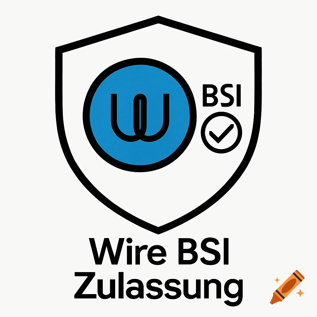 A minimalist shield emblem with a blue circular 'W' logo, 'BSI' text, a checkmark, and the text 'Wire BSI Zulassung' below, on a white background.