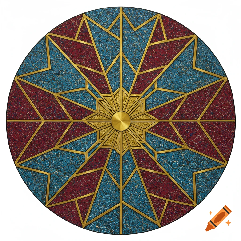 Circular mosaic pattern with gold lines, red, and turquoise sections radiating from a central star on a white background.