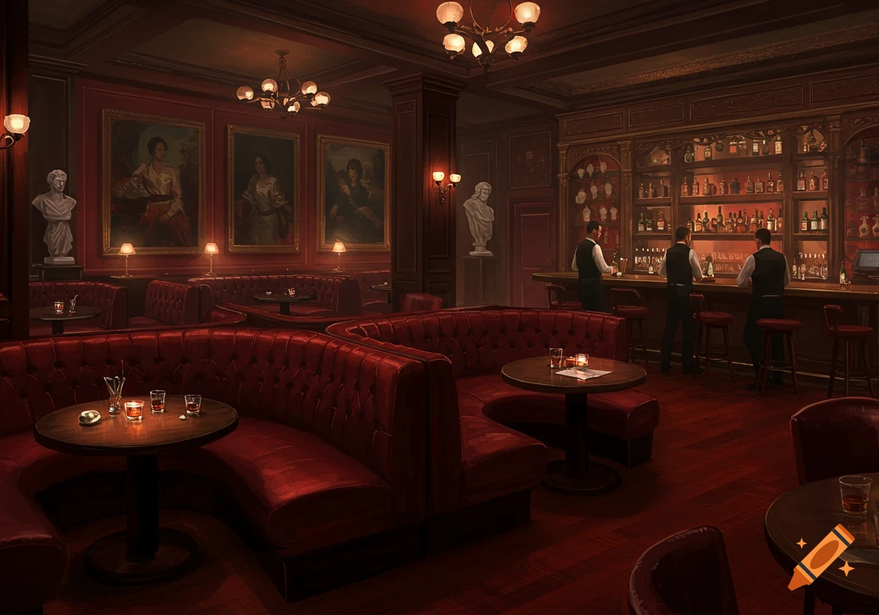 A dark, atmospheric bar with red velvet booths, ornate decor, and bartenders behind a well-stocked bar.