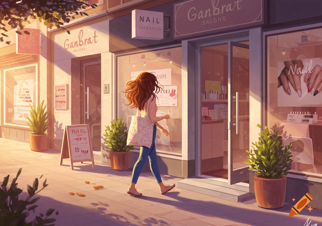 A stylized illustration of a woman with red hair walking past brightly lit nail salons on a sunny city street.
