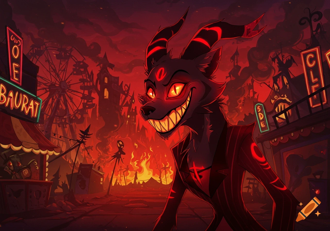 A cartoon hellhound with glowing red eyes and a sinister grin stands in a fiery, ruined carnival under a red sky.