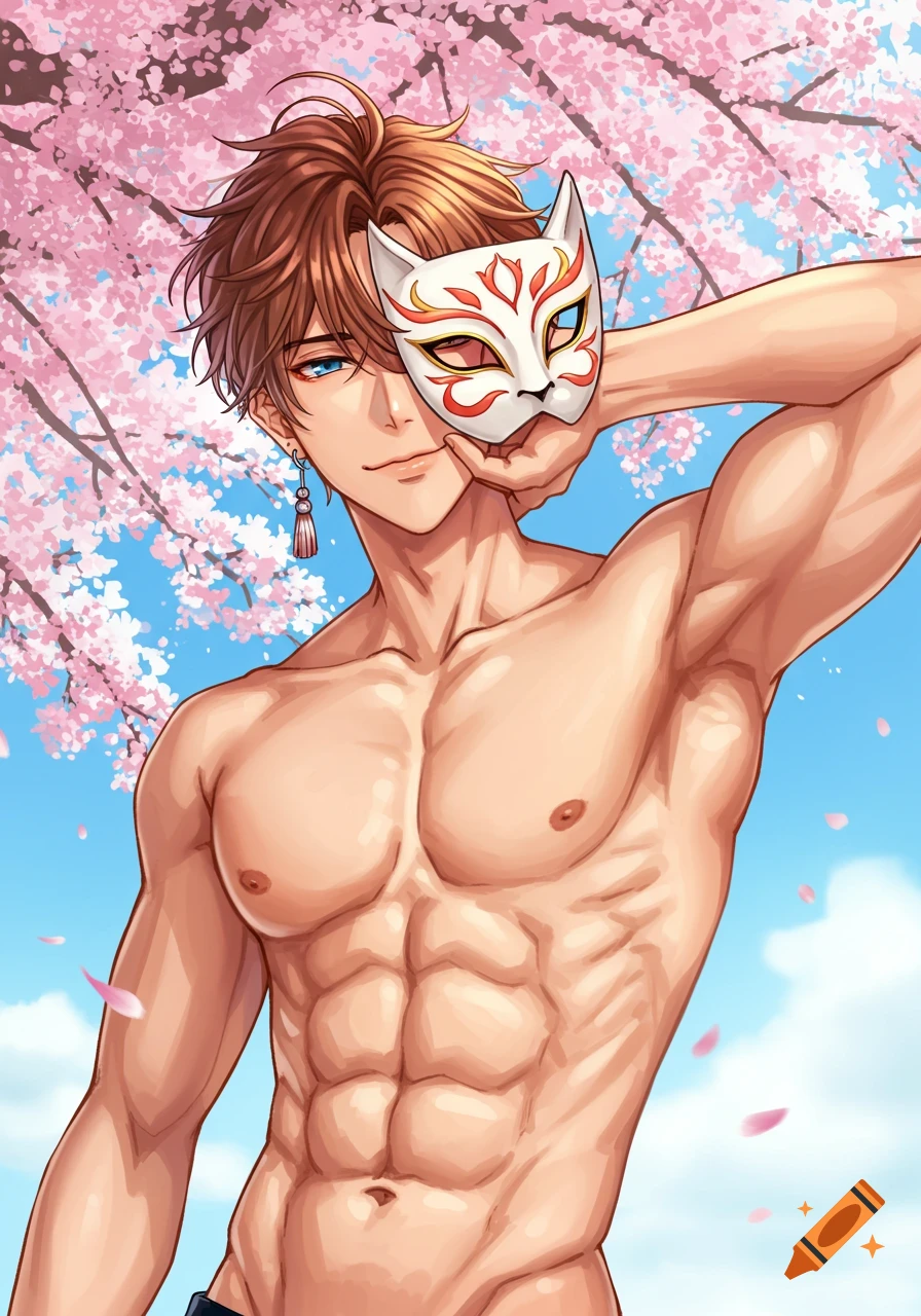 An anime man with brown hair and blue eyes, holding a white and red Kitsune mask, stands shirtless against a blue sky with pink cherry blossoms.