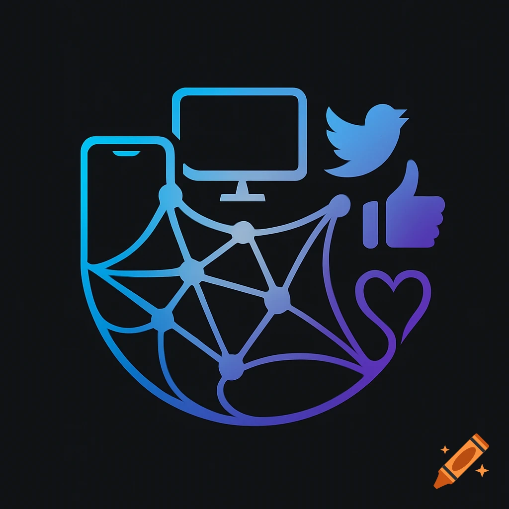 A blue and purple gradient line art logo on a dark background, depicting a smartphone, monitor, Twitter bird, thumbs up, heart, and interconnected network lines forming a globe.