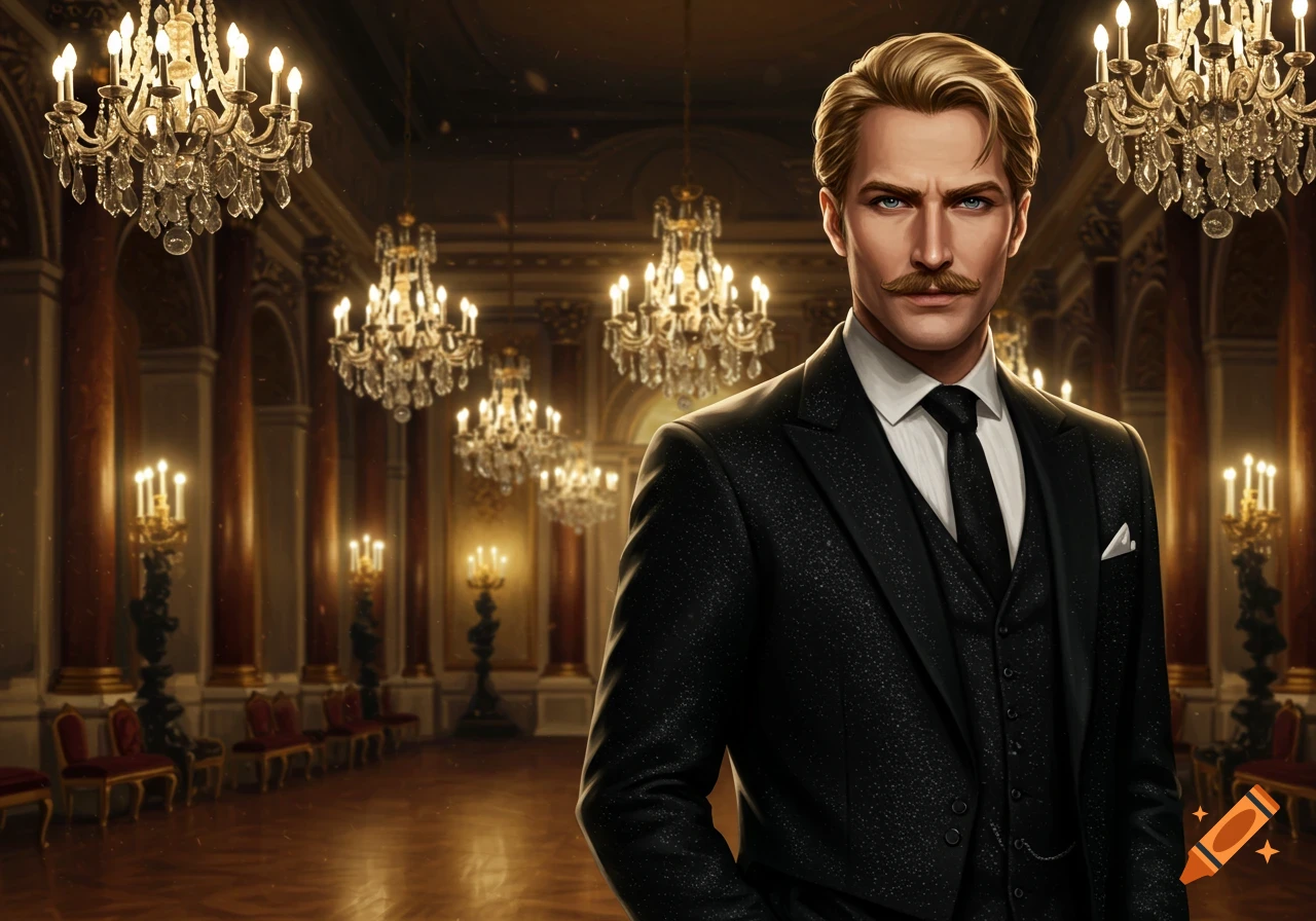 A dapper blonde man with a mustache in a black suit stands in an opulent ballroom with multiple crystal chandeliers.