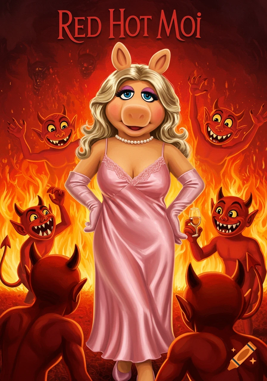 Miss Piggy in a pink slip and gloves in a fiery hell, surrounded by grinning cartoon demons. Title 'Red Hot Moi'.