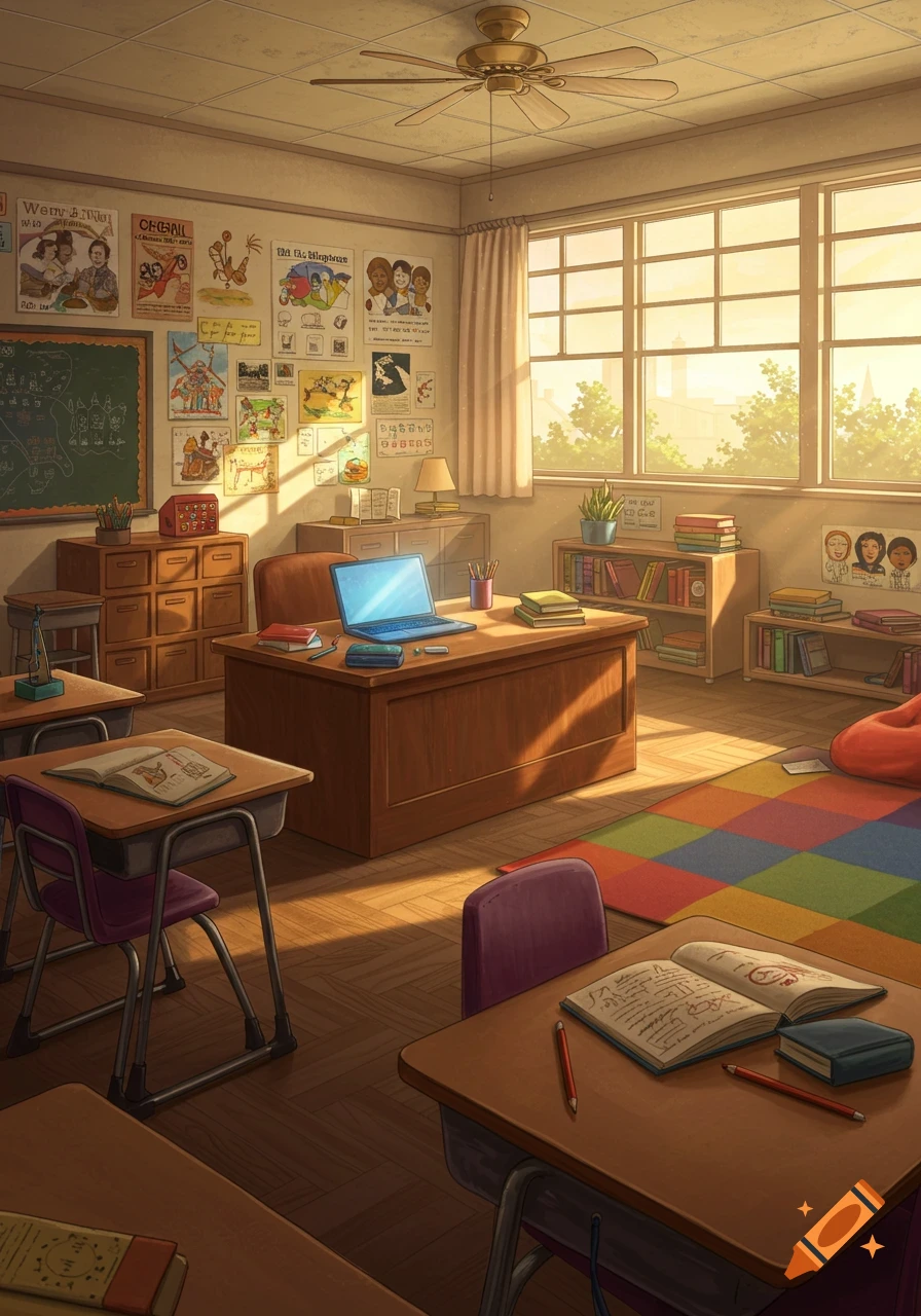 An empty, bright classroom in an anime style, with sunlight streaming through large windows onto student desks, a teacher's desk with a laptop, and posters on the wall.