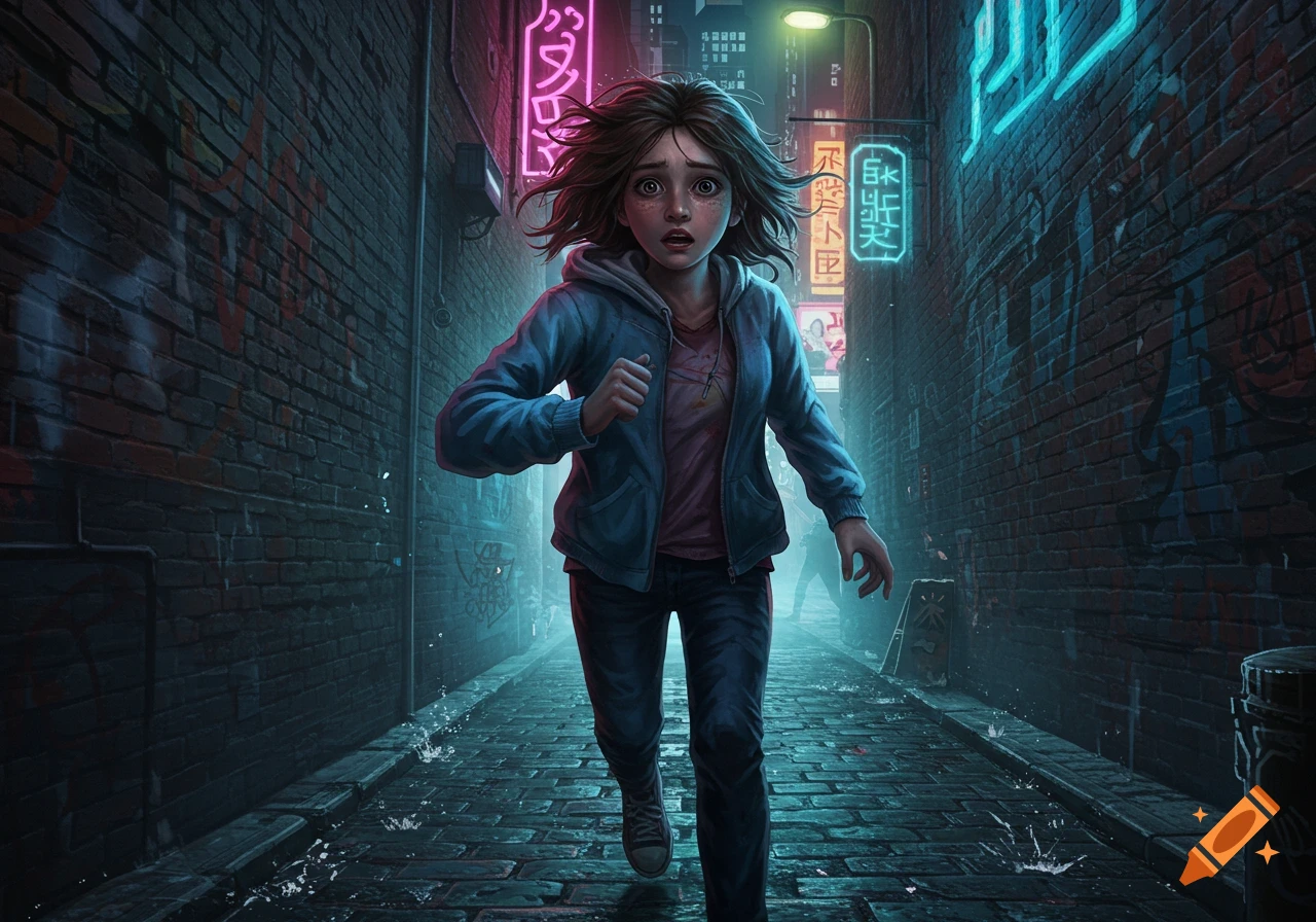 A scared young girl with messy hair runs through a dark, neon-lit urban alleyway with brick walls and graffiti, looking over her shoulder.