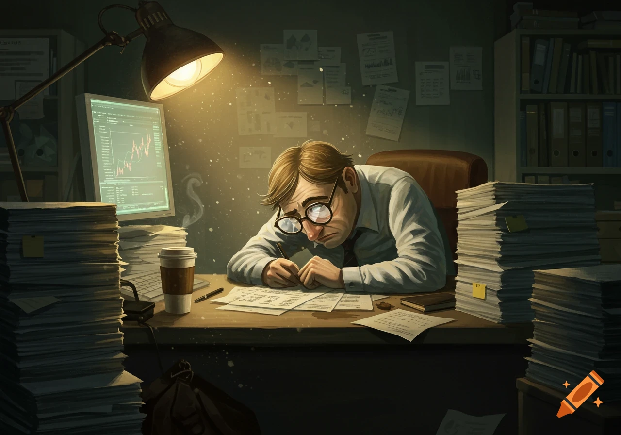An exhausted man in glasses works late at an office desk, surrounded by huge stacks of papers, under the warm glow of a desk lamp.
