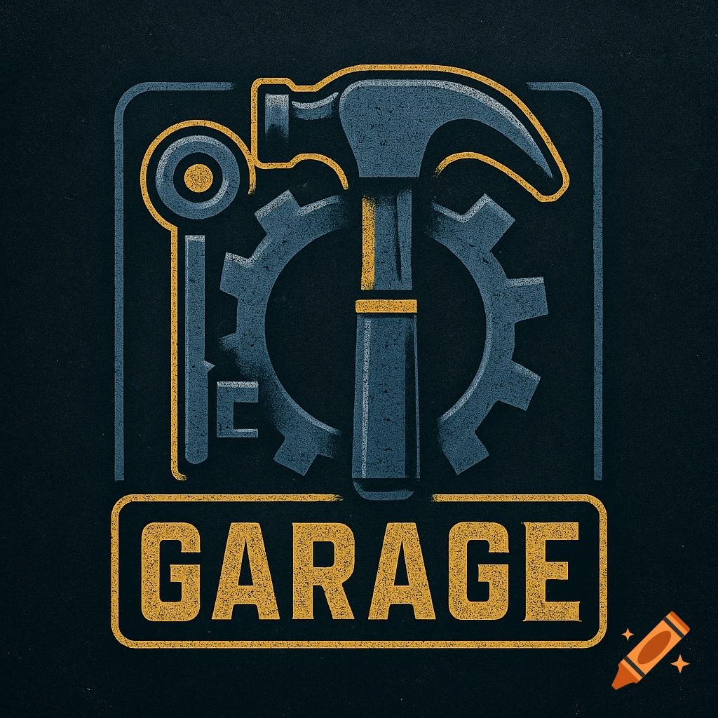 A square, dark blue and yellow textured logo with a hammer, wrench, and gear above the word 'GARAGE'.