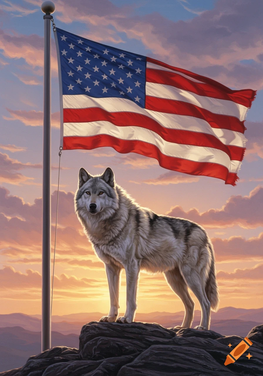 A majestic gray wolf stands on a rocky peak with a waving American flag behind it against a colorful sunset sky, digital art.