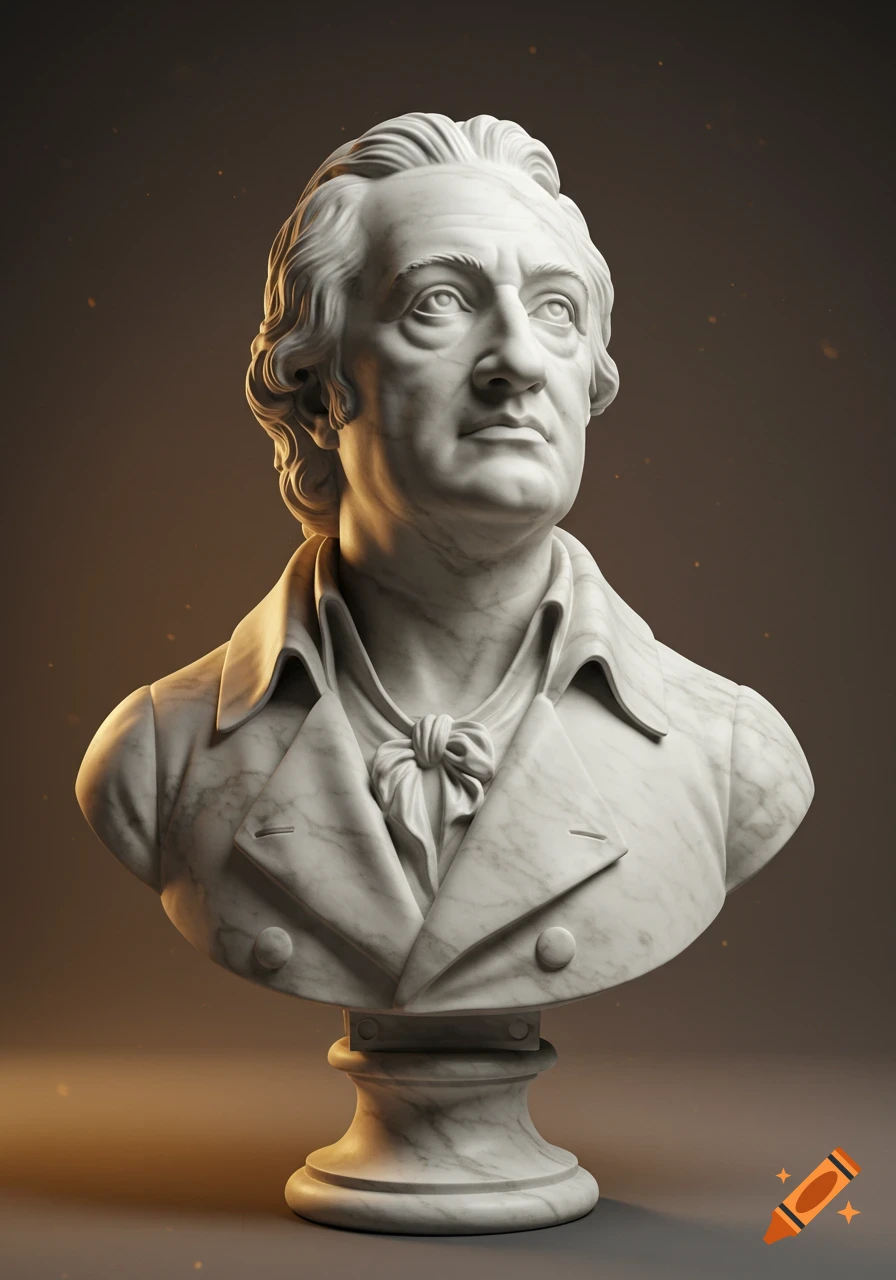Photorealistic marble bust of Johann Wolfgang von Goethe, depicted from the chest up, against a dark, softly lit background.