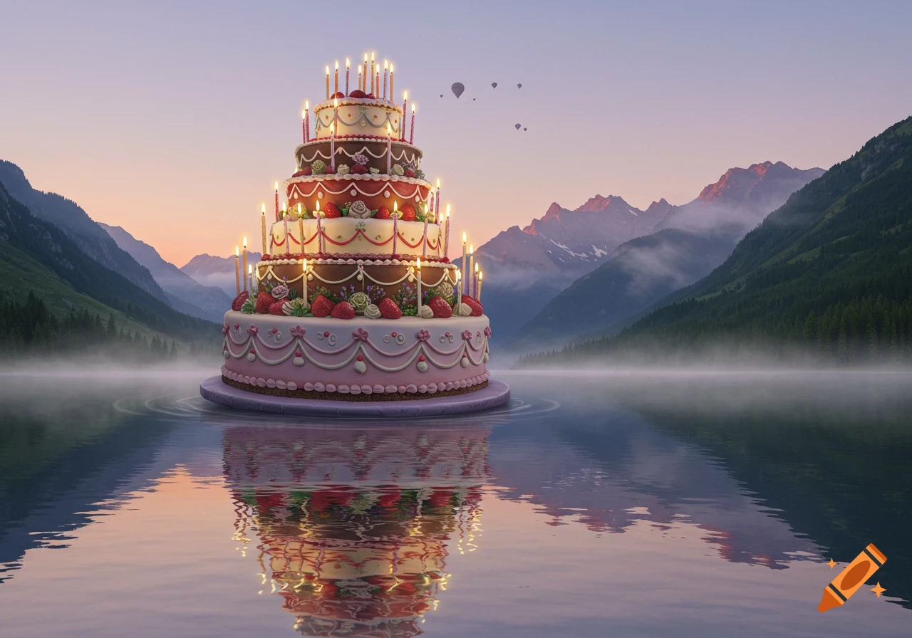 A grand birthday cake with many lit candles floats serenely on a misty mountain lake at sunrise, with hot air balloons in the sky.