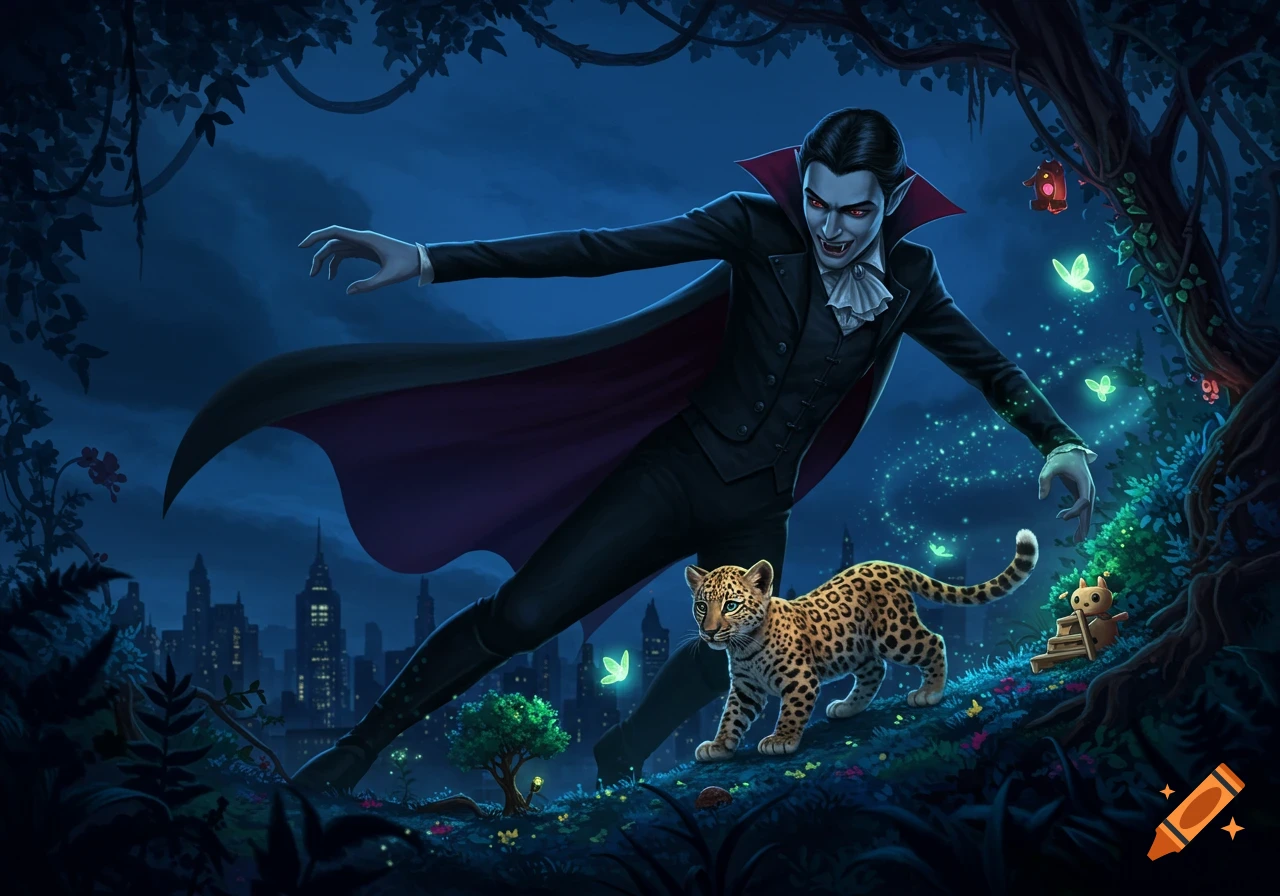 A stylized vampire in a dark forest with a city skyline behind, observing a leopard cub and glowing butterflies.
