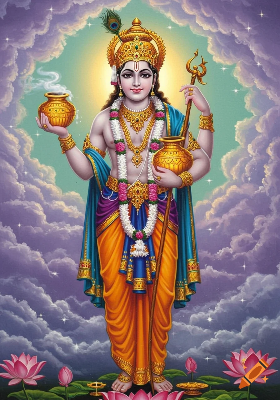 Vibrant illustration of Lord Dhanvantari, a Hindu deity, standing amidst celestial clouds, holding golden pots and a staff.