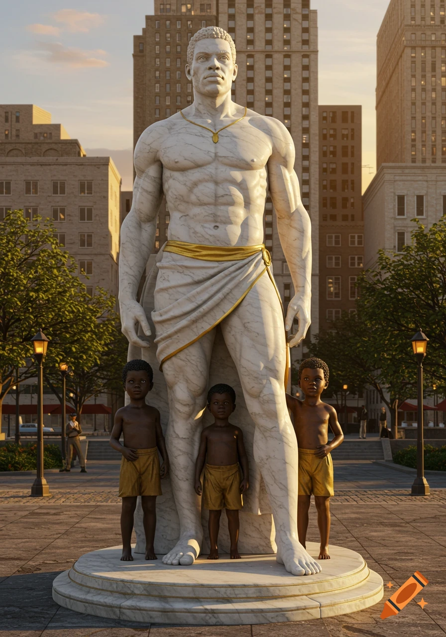 Photorealistic image of a large marble statue of a muscular man with a gold sash, with three small Black children at its base in a city square.