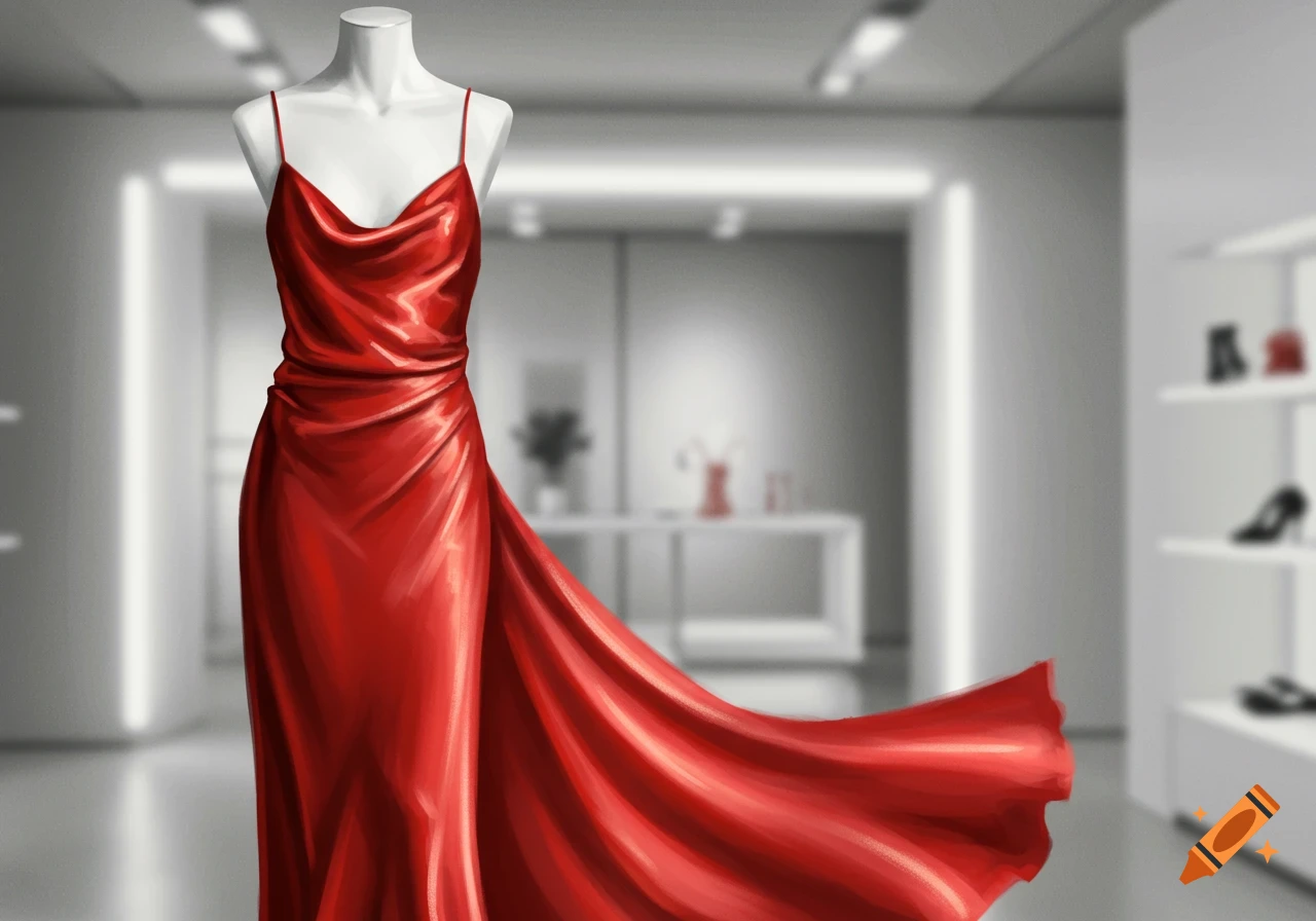 A red slip dress on a white mannequin in a blurred fashion retail store.